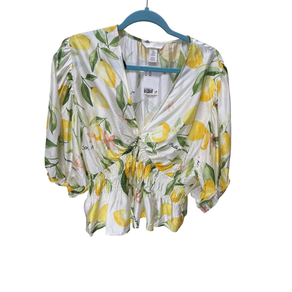 H&M Blouse Womens 3XL White Lemon Print Smocked Peplum V-Neck Puff Sleeve Top